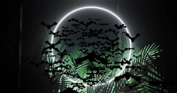 Swarm of bat silhouettes flying across dark scene, featuring glowing neon ring and palm fronds