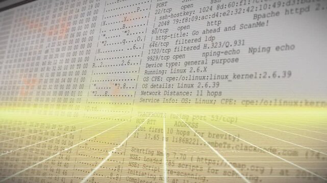 Camera panning up starting terminal emerging above neon grid while Nmap scanning ports detecting OS