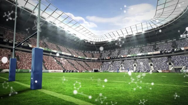 At start molecular network overlay drifting pulsing across stadium pitch visualizing data trends