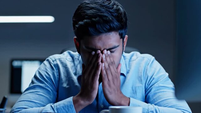 Close Up of Tired Programmer Rubbing Eyes from Monitor Light in Dark Office