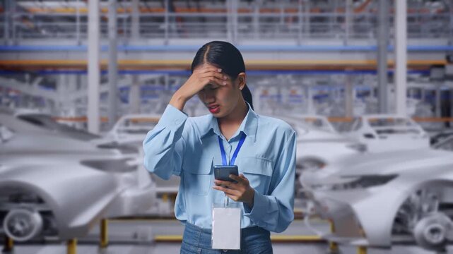 Asian Female With Her Smarphone In Car Manufacturing Assembly Line, She Is Nodding Her Shead With Dissapionted
