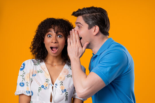 Gossiper Man Whispers In Girlfriends Ear Secret, Rumors, Gossips, Yellow Studio