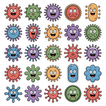 Virus cartoon characters in various colors and shapes illustration