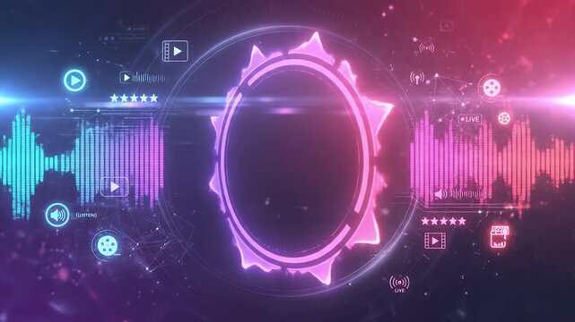 Digital audio visualization with neon sound waveforms and media icons, futuristic music technology interface featuring glowing circular progress bar, vibrant purple, blue, and red light effects