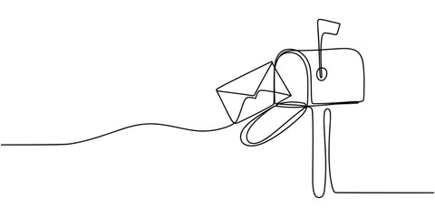 Mailbox with envelopes in continuous one line drawing. Minimal hand-drawn vector illustration. one line Art icon drawing vector © Creative Tania
