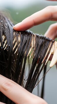 Closeup of wet dark hair being combed with a wide tooth comb