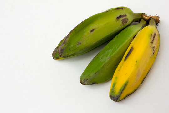 Fresh yellow saba banana isolated on white background. Saba bananas are nutrient-dense cooking bananas packed with vitamins A, B, and C, potassium, and high dietary fiber. They boost immunity, enhance