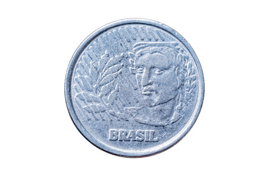 Brazilian 50 centavo coin closeup, steel texture national symbols visible, Money and everyday economy, national identity, financial savings, numismatic detail circulating currency, collecting hobby