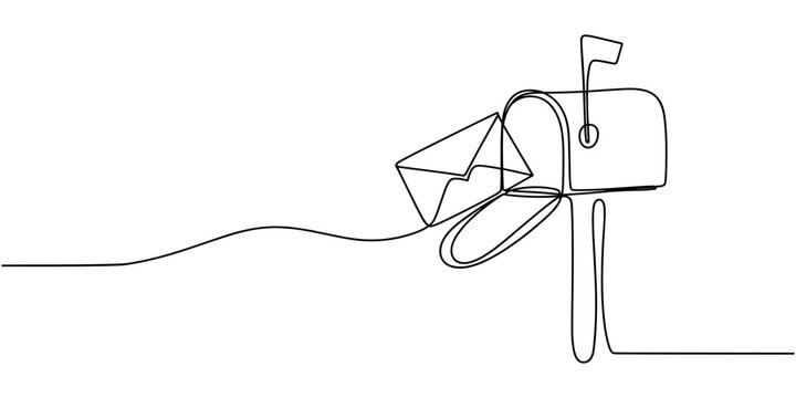 Mailbox with envelopes in continuous one line drawing. Minimal hand-drawn vector illustration. one line Art icon drawing vector
