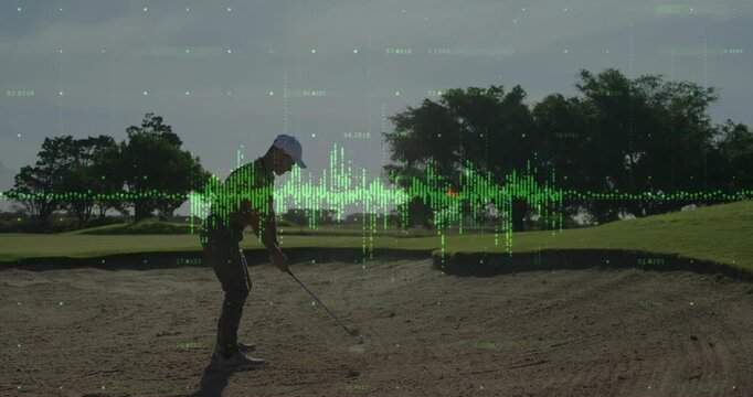 Golfer planting in sand bunker, initiating tech overlay animating swing arc spray ball trajectory