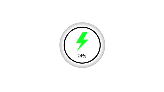 Minimalist circular battery charging indicator with green lightning bolt and thirteen percent progress level isolated on a white background.