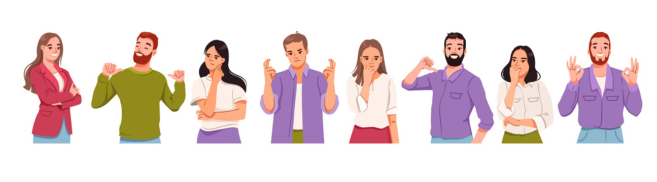 Group of people displaying various hand gestures in cartoon style on white background, communication concept. Vector illustration