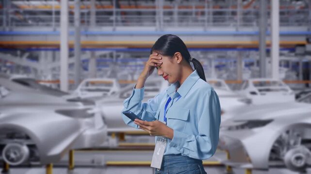 Side View Of Asian Female With Her Smartphone In Car Manufacturing Assembly Line, Checking With Dissapionted And Nodding Her Shead 