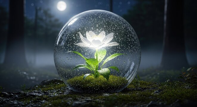 Glowing flower encased in a crystal ball in a lush forest environment