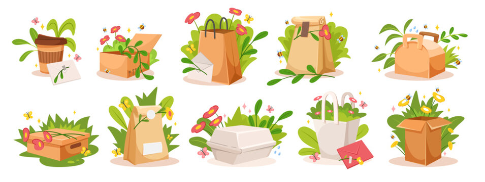 Eco packing items with plants in cartoon style on white background, concept of sustainability and nature care. Vector illustration