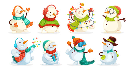Naklejka premium Cute snowman characters set in cartoon style on white background showing winter holiday fun and cheerful mood. Vector illustration