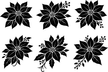 Obraz premium 6 Premium Black Poinsettia Flowers Icons. Botanical Graphic Elements. Design Element. Clip art. Suitable for artwork design. Editable for any design.