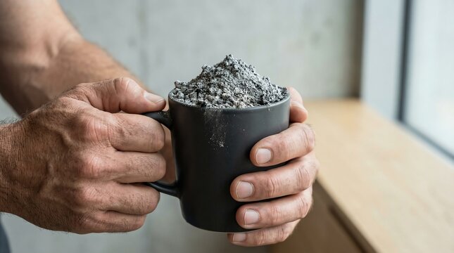 Ash Filled Mug Held by a Persons Hands Symbolizing the Lingering Consequences of Unhealthy Habits and the Struggle with Addiction