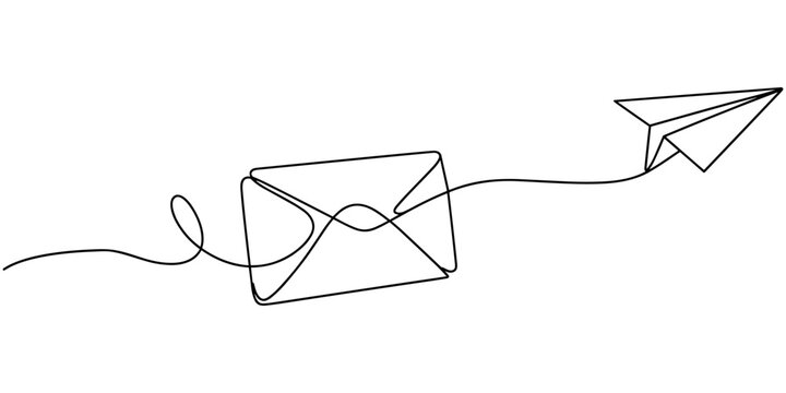 Continuous one line drawing of envelope mail with paper airplane, Envelope mail with flying paper plane sending letter and email message concept vector illustration, flying Paper plane and mail romant