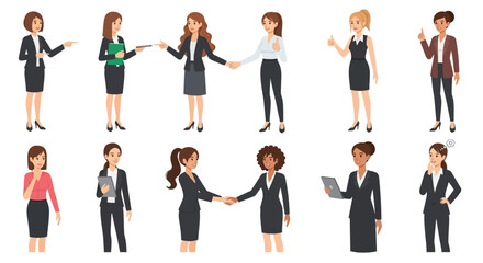 Obraz premium Collection of diverse business women in professional attire performing various actions and expressing different emotions.