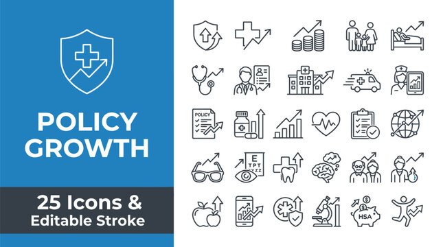 Vector graphic illustration of policy growth icons for healthcare and finance sectors