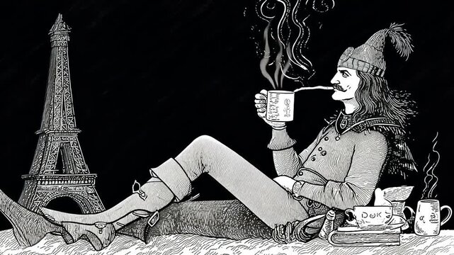 Vintage Parisian Scene Illustration with Eiffel Tower, Coffee Cup, and Smoking Pipe: Black and White Art of Relaxed Character in Casual Outfit and Bohemian Style