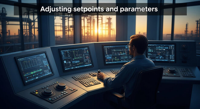 Control Room Operator Adjusting Setpoints and Parameters in Industrial Facility.