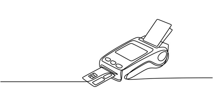 Continuous one line drawing of POS payment terminal with gprs and credit card on a white background. Linear stylized.