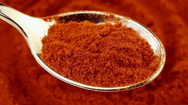 Red smoked paprika powder in a spoon with background circle rotation close up