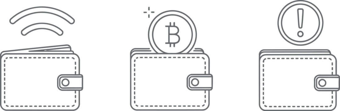 Icons depicting various wallet functionalities including contactless payment, cryptocurrency storage, and important notifications