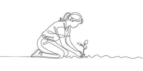 Obraz premium Continuous one line drawing young female farmer planting plant shoots in the ground.one line vector illustration with out background.