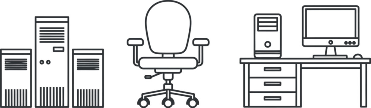 Outline illustration featuring common office and computing equipment like server towers, an ergonomic chair, and a desktop computer workstation
