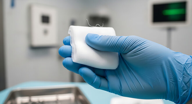Close-up of a gloved hand holding surgical sutures and gauze for medical procedures
