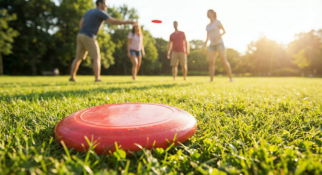 Group of friends playing frisbee on green grass field in sunshine  