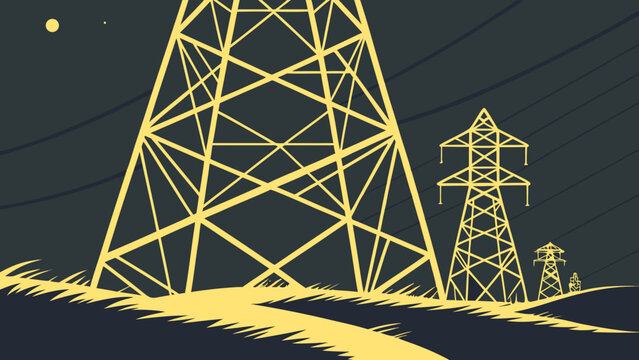 A minimalist vector illustration of power transmission towers at night