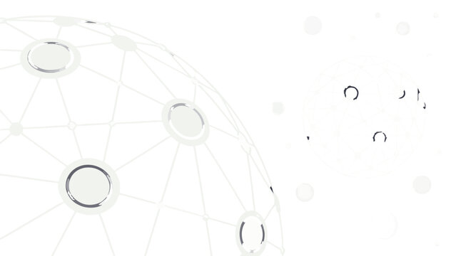 A minimalist vector graphic illustration of a network globe with connected nodes and lines on a white background
