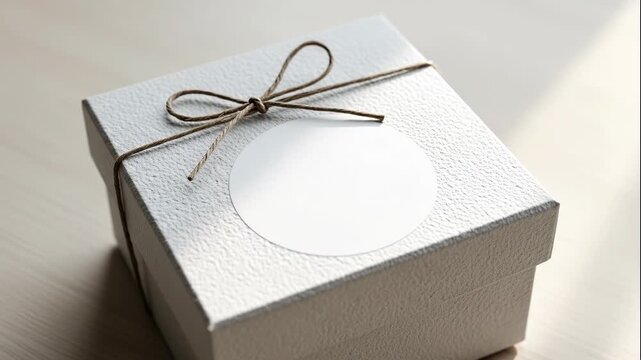 A white gift box with a brown twine bow on a light-colored wooden surface