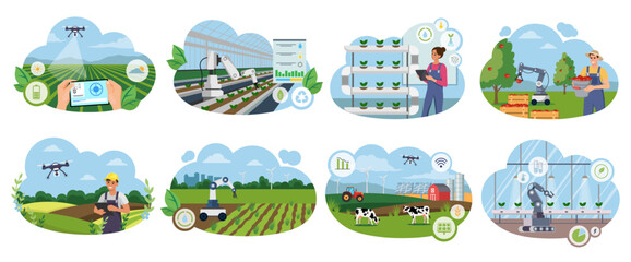 Smart farm set with drones, robots and crops in flat style on white background showing agriculture concept. Vector illustration © GN.STUDIO