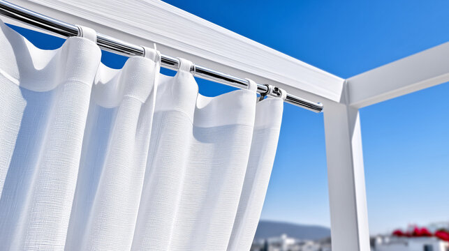 White curtains on a pergola by the sea, light fabric texture and blue sky contrast&mdash;ideal for beach design visuals.