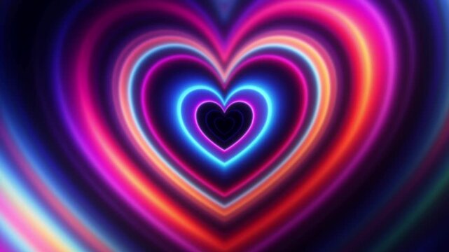 Glowing neon heart tunnel expanding outward in vibrant gradients. Neon heart portal with spreading waves of light and glow for valentine visuals, music videos and futuristic design. Seamless loop. 4K
