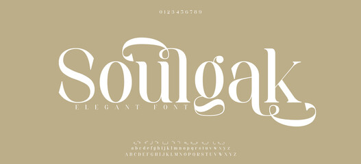 Soulgak premium luxury elegant alphabet letters and numbers. Elegant wedding typography classic serif font decorative vintage retro. Creative vector illustration © DesignerST