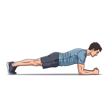 A man in athletic wear demonstrates a perfect plank exercise, holding a strong core position on a white background.