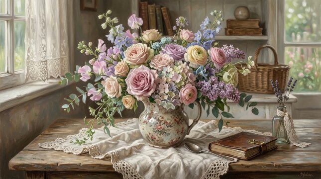 Beautiful Floral Arrangement in Vintage Pitcher on Rustic Table Near Window with Warm Lighting