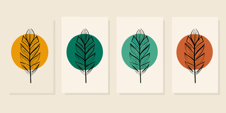 Abstract botanical wall art featuring feather like shapes in geometric circles