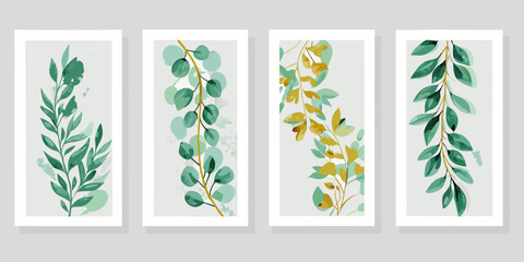 Four botanical wall art prints featuring eucalyptus branches in varying colors © Sanjoy