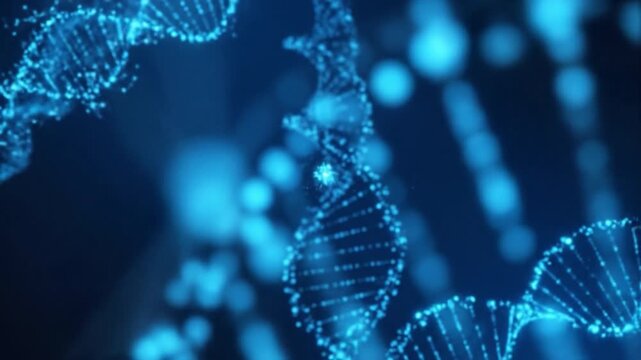 DNA strand molecular structure genetic code blue light science background biotechnology double helix futuristic design glowing particles digital art biology research medical chemistry molecule
