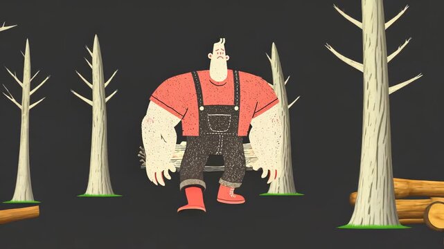Cartoon Style Lumberjack in Forest Scene: Whimsical Vector Art with Playful Background and Bold Colors