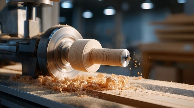 Woodturner shapes elegant spindle on lathe machine, wood curls spiraling onto workshop floor beneath rotating walnut blank and sharp gouging tools, ideal for furniture woodworking craft precision