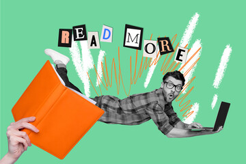 Naklejka premium Art collage of person fly use gadget book think slogan read more on greencolor background