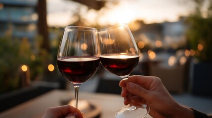 Fototapeta premium Friends toasting with budget wine to celebrate couple reaching house down payment savings goal, handwritten savings tracker showing completed target, modest apartment setting with golden sunset